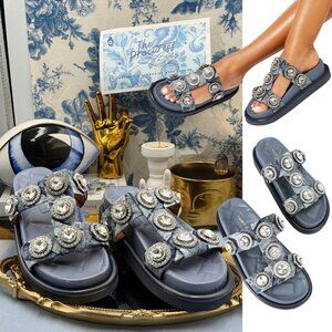 🆕 KURT GEIGER LONDON 🧿 NWOB Orson Crystal Sandal, Denim Wash - Sz EU38.5 US 8